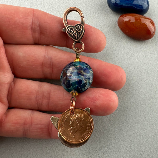 LUCKY PENNY CHARM WITH HANDMADE GLASS BEAD AND CAT CHARM