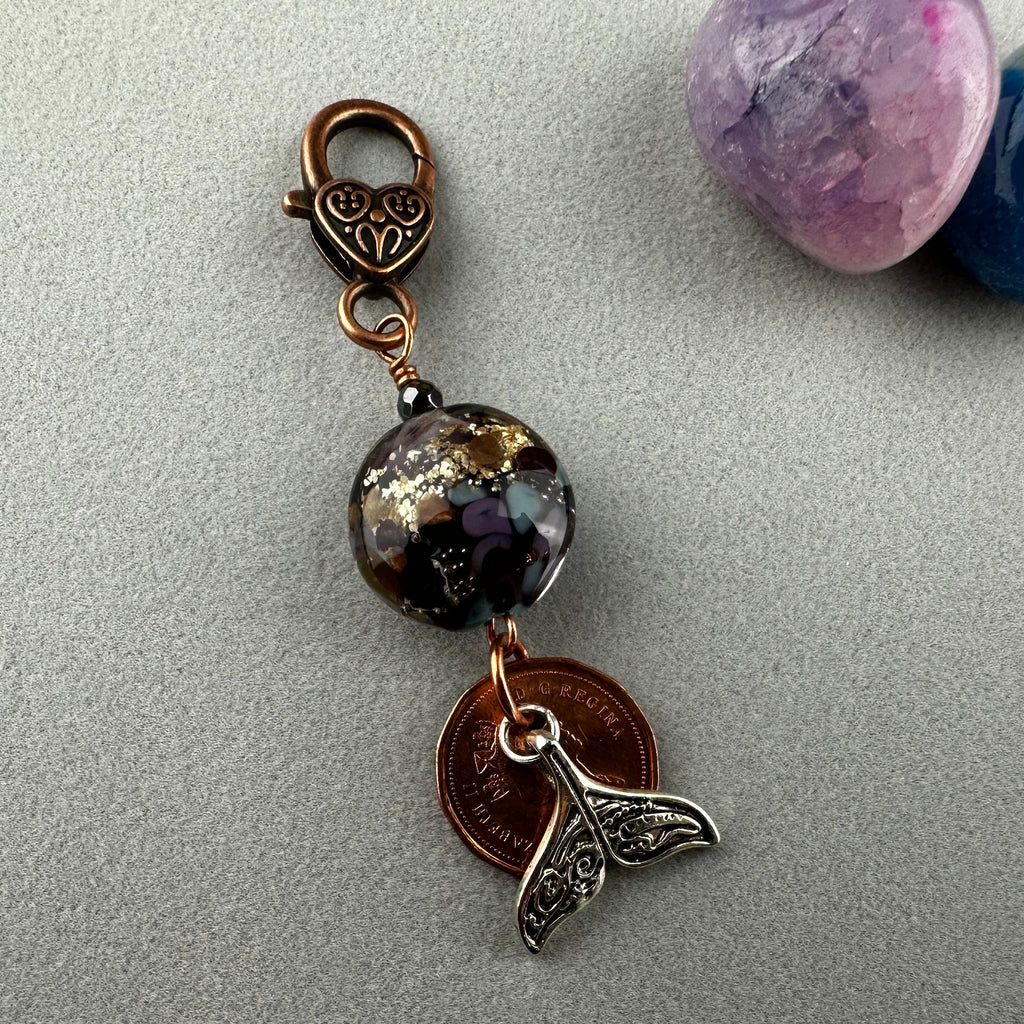 LUCKY PENNY CHARM WITH HANDMADE GLASS BEAD AND A WHALE