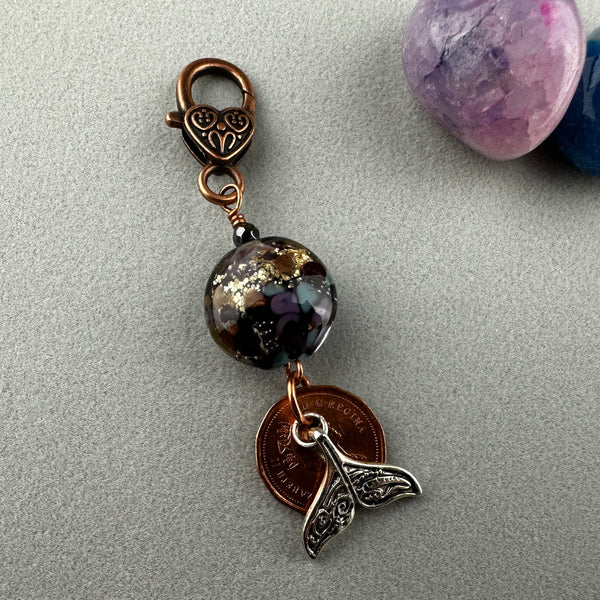 LUCKY PENNY CHARM WITH HANDMADE GLASS BEAD AND A WHALE'S TAIL CHARM
