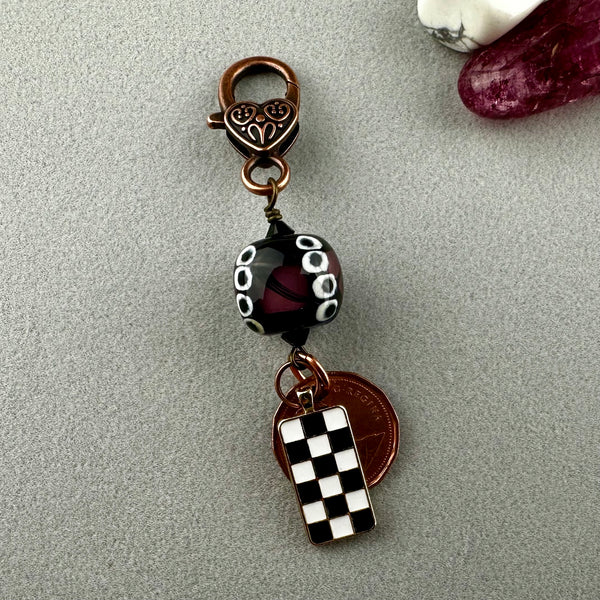 LUCKY PENNY CHARM WITH HANDMADE GLASS BEAD AND CHECKER CHARM