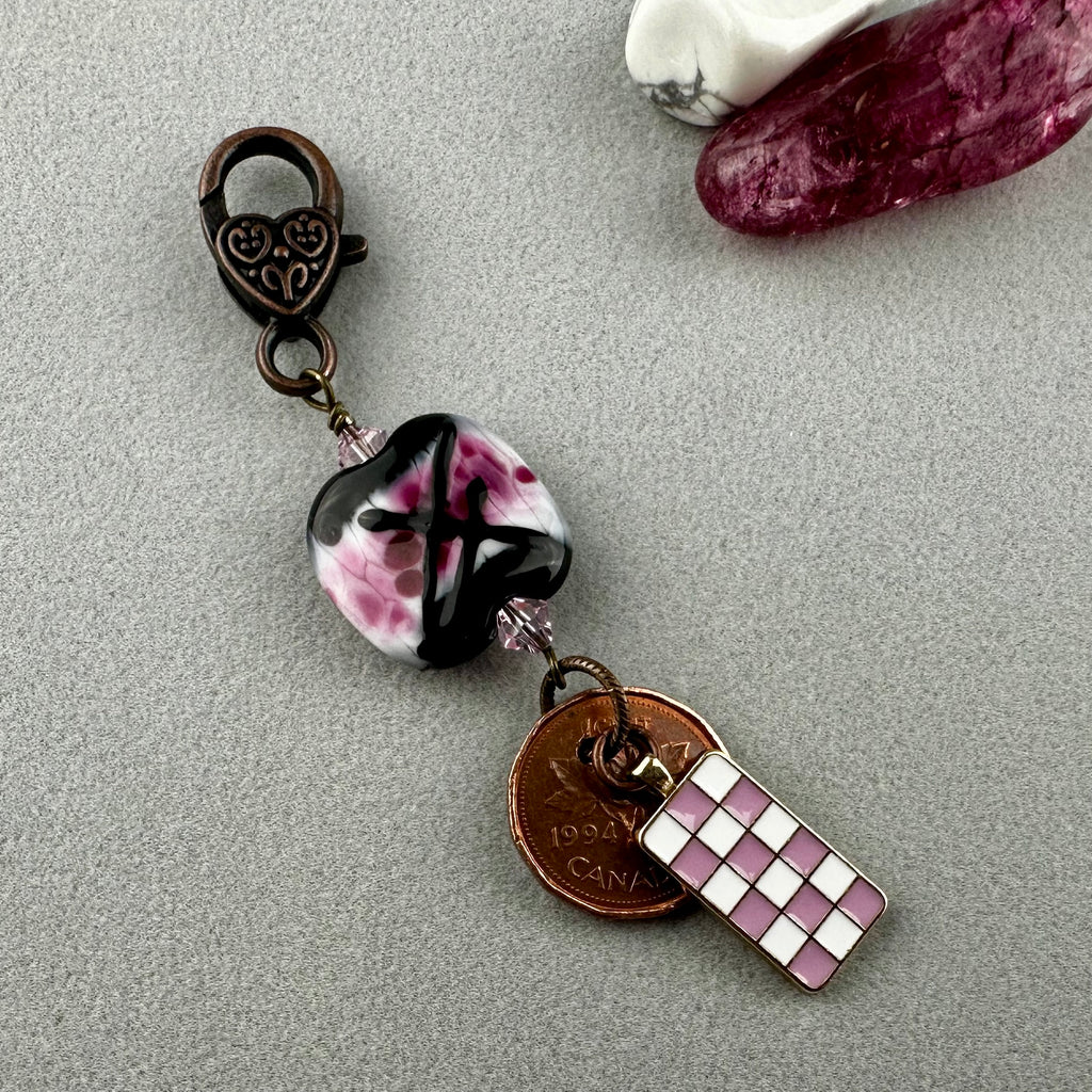 LUCKY PENNY CHARM WITH HANDMADE GLASS BEAD AND CHECKER CHARM II