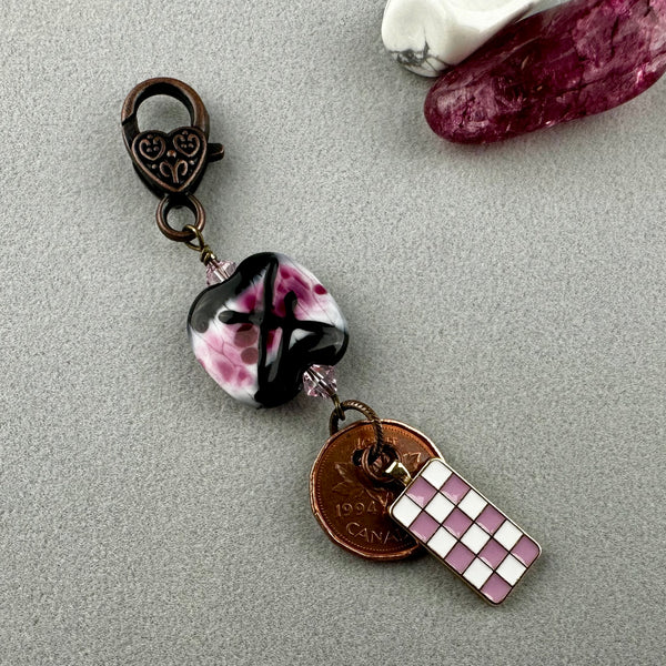 LUCKY PENNY CHARM WITH HANDMADE GLASS BEAD AND CHECKER CHARM II