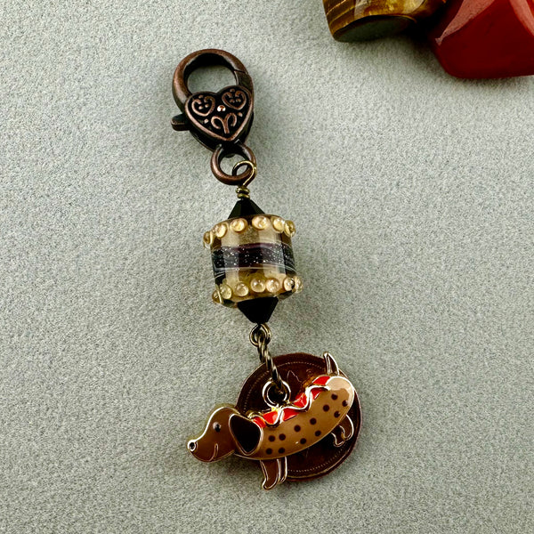LUCKY PENNY CHARM WITH HANDMADE GLASS BEAD AND HOT DOG CHARM