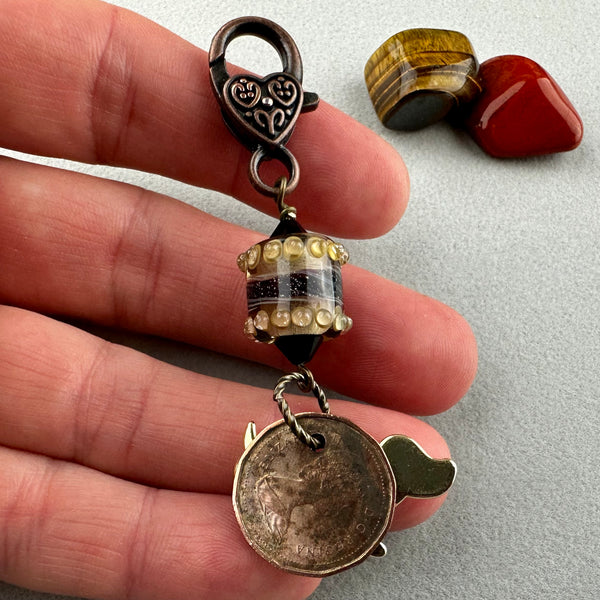 LUCKY PENNY CHARM WITH HANDMADE GLASS BEAD AND HOT DOG CHARM
