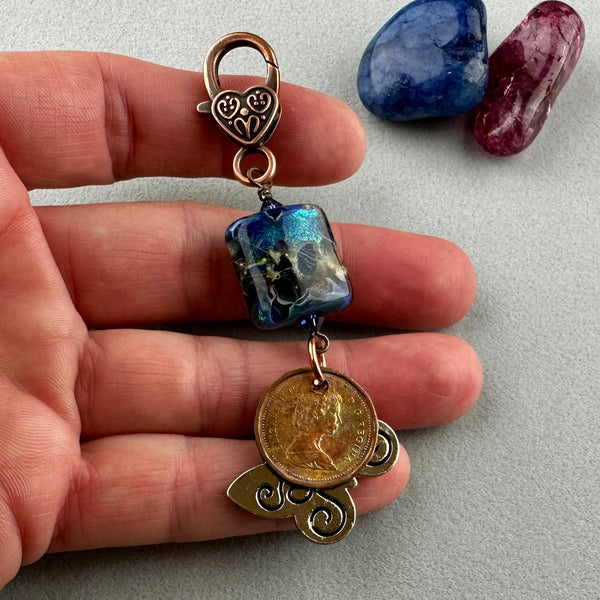 LUCKY PENNY CHARM WITH HANDMADE GLASS BEAD AND BUTTERFLY CHARM III