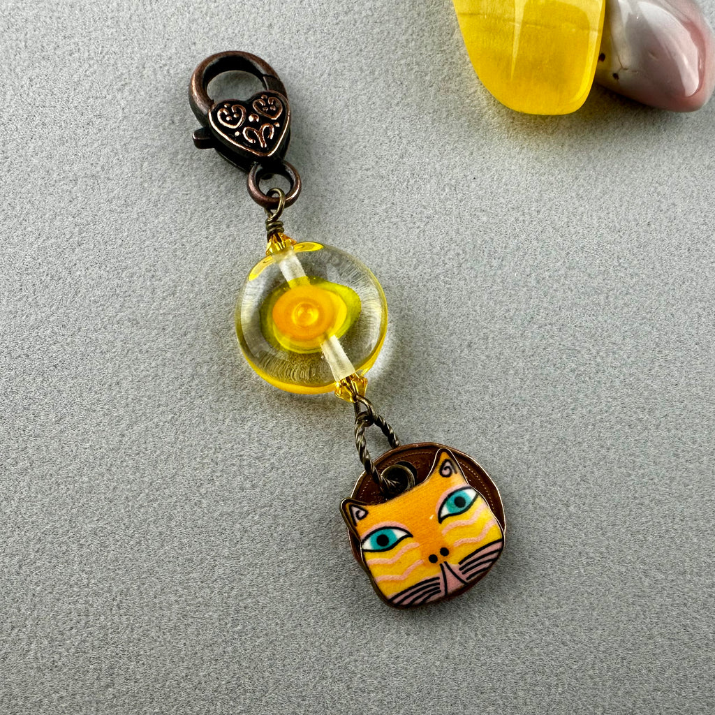 LUCKY PENNY CHARM WITH HANDMADE GLASS BEAD AND CAT CHARM IV