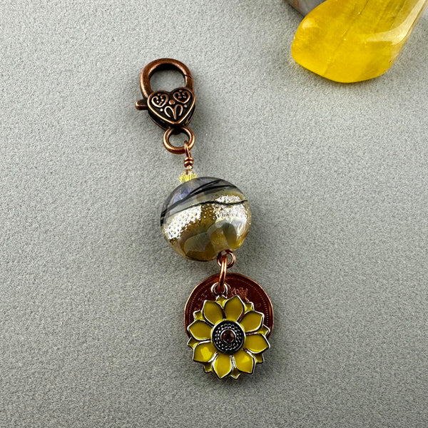LUCKY PENNY CHARM WITH HANDMADE GLASS BEAD AND SUNFLOWER CHARM