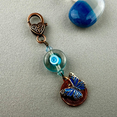 LUCKY PENNY CHARM WITH HANDMADE GLASS BEAD AND BUTTERFLY CHARM II