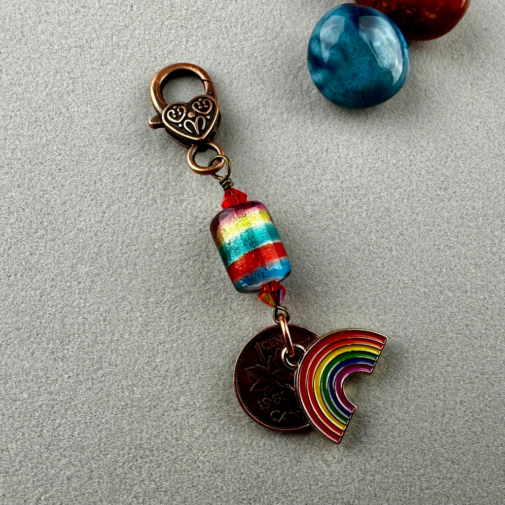 LUCKY PENNY CHARM WITH HANDMADE GLASS BEAD AND RAINBOW CHARM