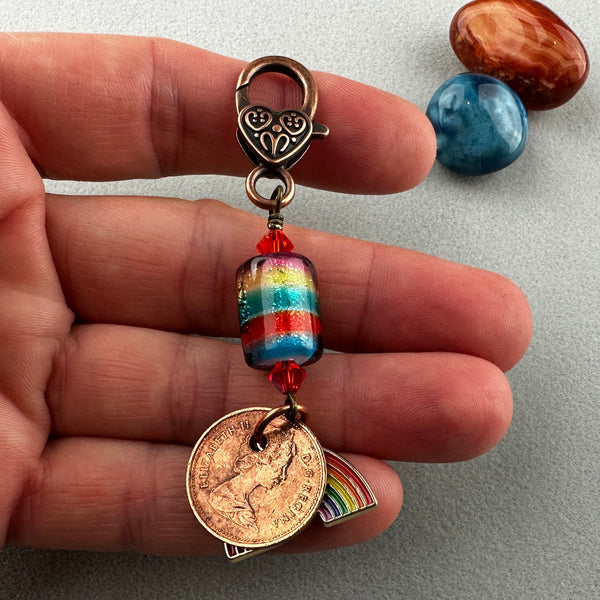 LUCKY PENNY CHARM WITH HANDMADE GLASS BEAD AND RAINBOW CHARM