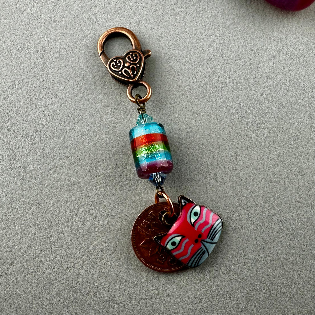 LUCKY PENNY CHARM WITH HANDMADE GLASS BEAD AND CAT CHARM VI