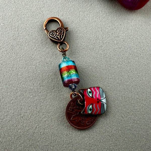 LUCKY PENNY CHARM WITH HANDMADE GLASS BEAD AND CAT CHARM VI