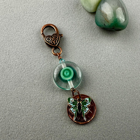 LUCKY PENNY CHARM WITH HANDMADE GLASS BEAD AND BUTTERFLY CHARM II