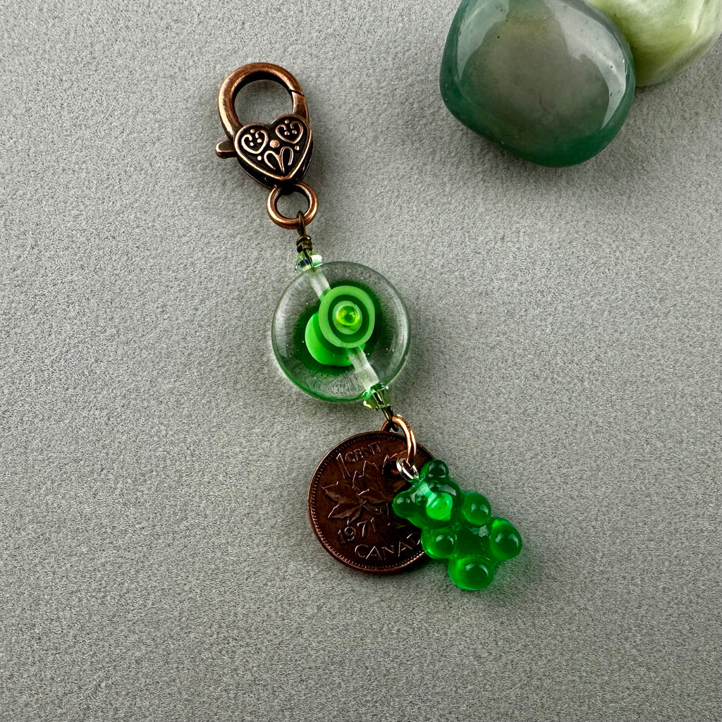 LUCKY PENNY CHARM WITH HANDMADE GLASS BEAD AND GUMMY BEAR CHARM III