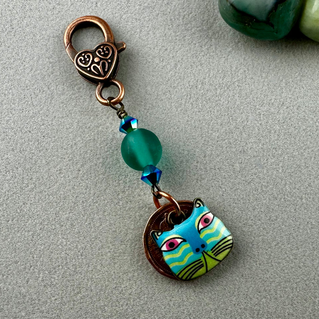 LUCKY PENNY CHARM WITH HANDMADE GLASS BEAD AND CAT CHARM VII