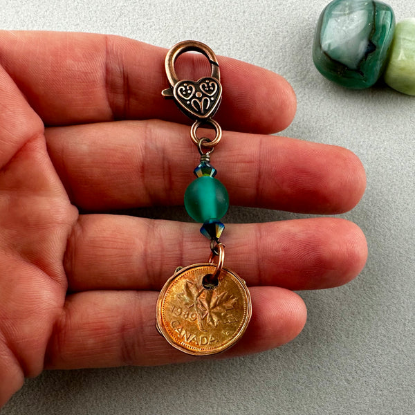 LUCKY PENNY CHARM WITH HANDMADE GLASS BEAD AND CAT CHARM VII