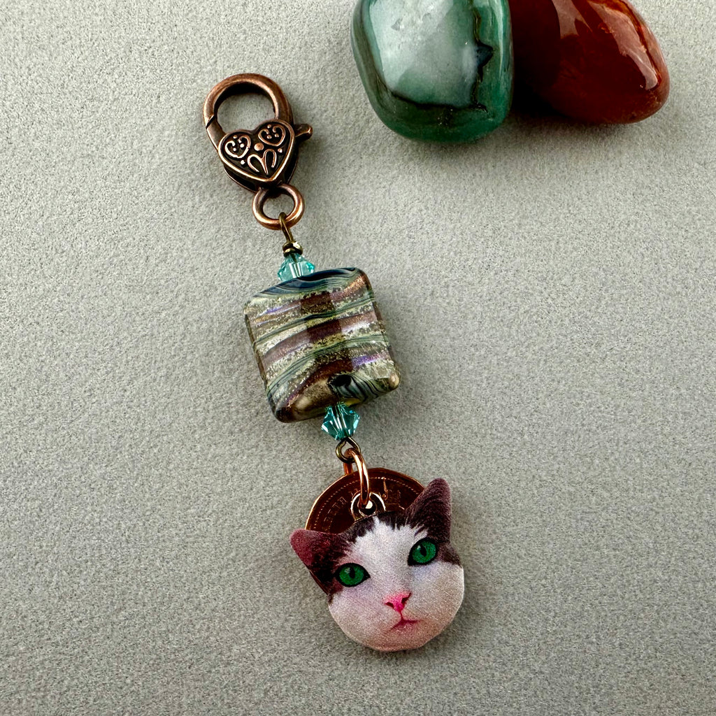 LUCKY PENNY CHARM WITH HANDMADE GLASS BEAD AND CAT CHARM VIII