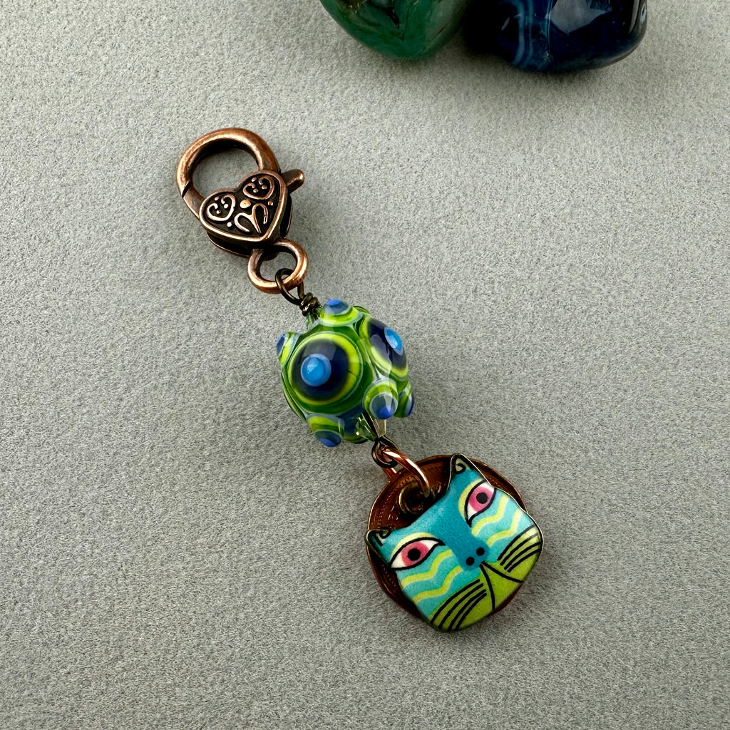 LUCKY PENNY CHARM WITH HANDMADE GLASS BEAD AND CAT CHARM IX