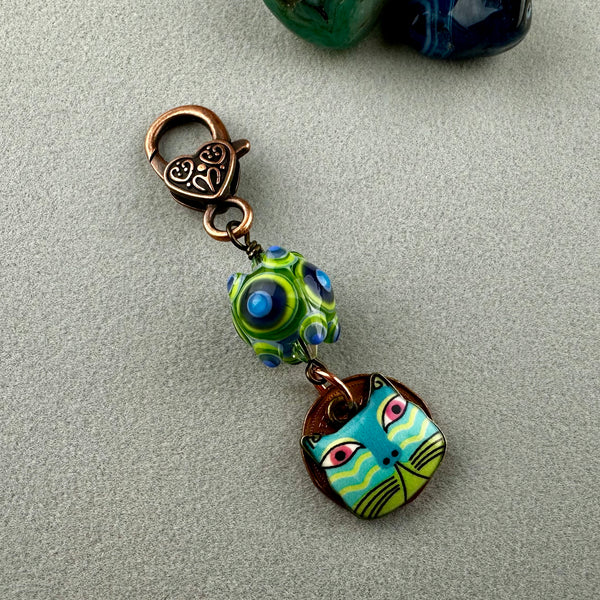 LUCKY PENNY CHARM WITH HANDMADE GLASS BEAD AND CAT CHARM IX