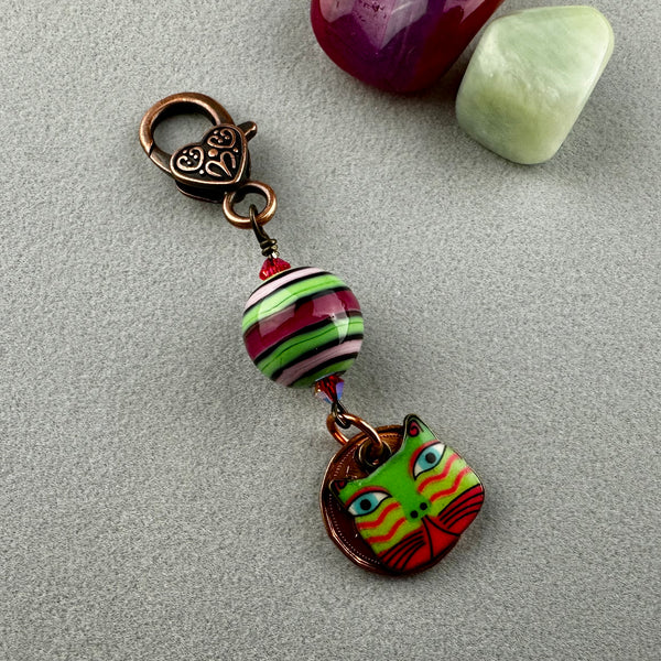 LUCKY PENNY CHARM WITH HANDMADE GLASS BEAD AND CAT CHARM X