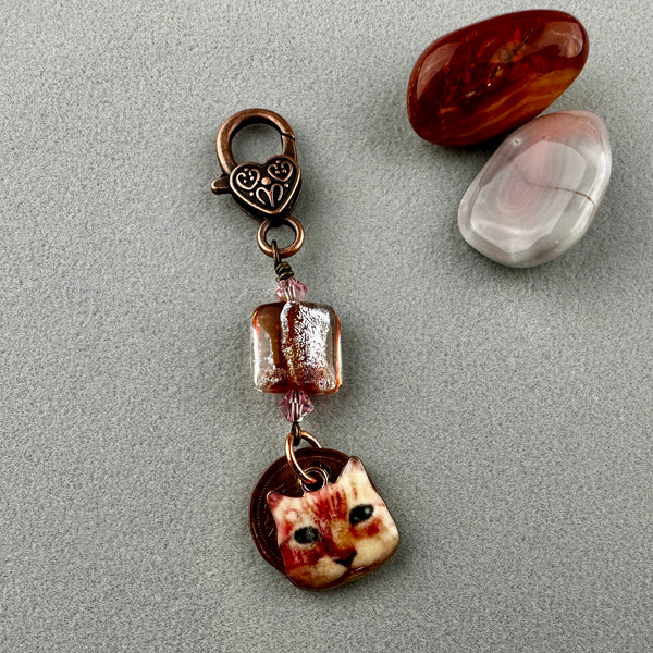 LUCKY PENNY CHARM WITH HANDMADE GLASS BEAD AND CAT CHARM XI