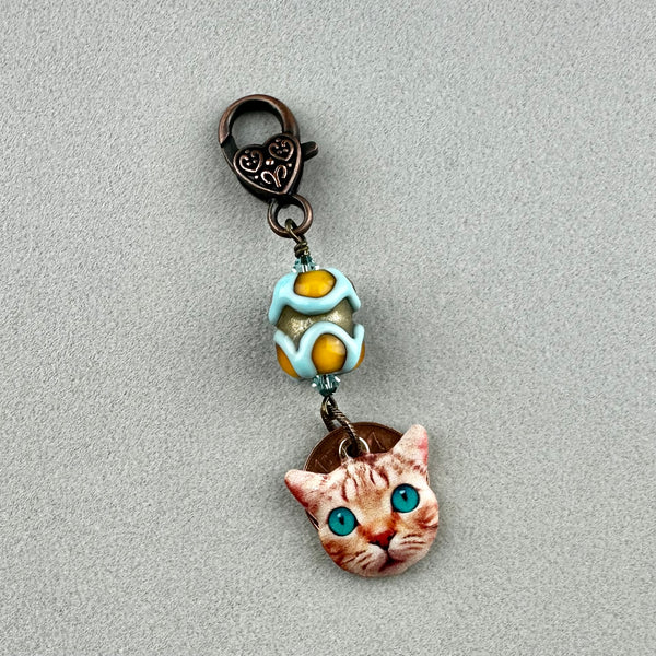 LUCKY PENNY CHARM WITH HANDMADE GLASS BEAD AND CAT CHARM XII