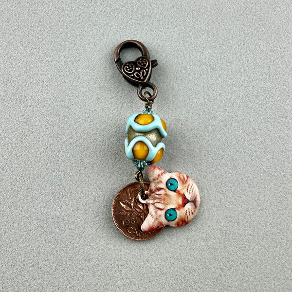 LUCKY PENNY CHARM WITH HANDMADE GLASS BEAD AND CAT CHARM XII