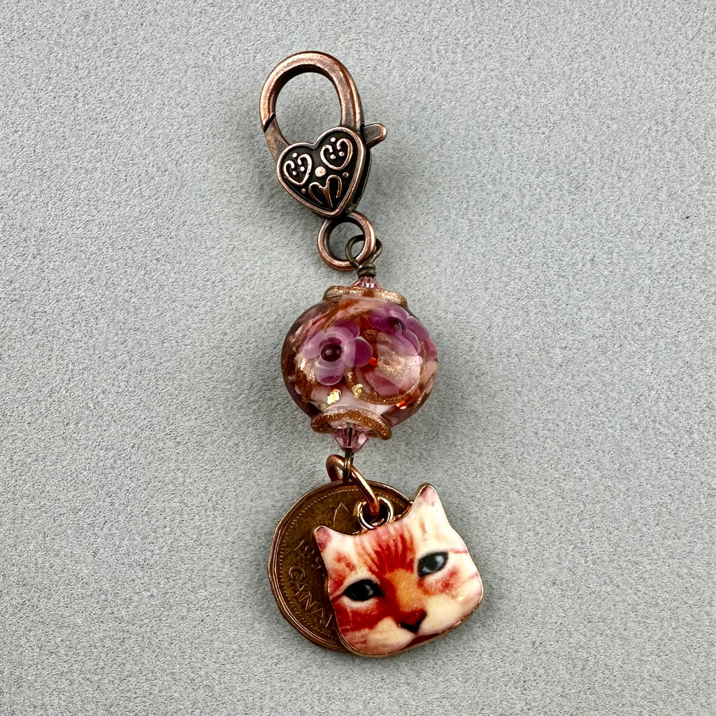 LUCKY PENNY CHARM WITH HANDMADE GLASS BEAD AND CAT CHARM XI