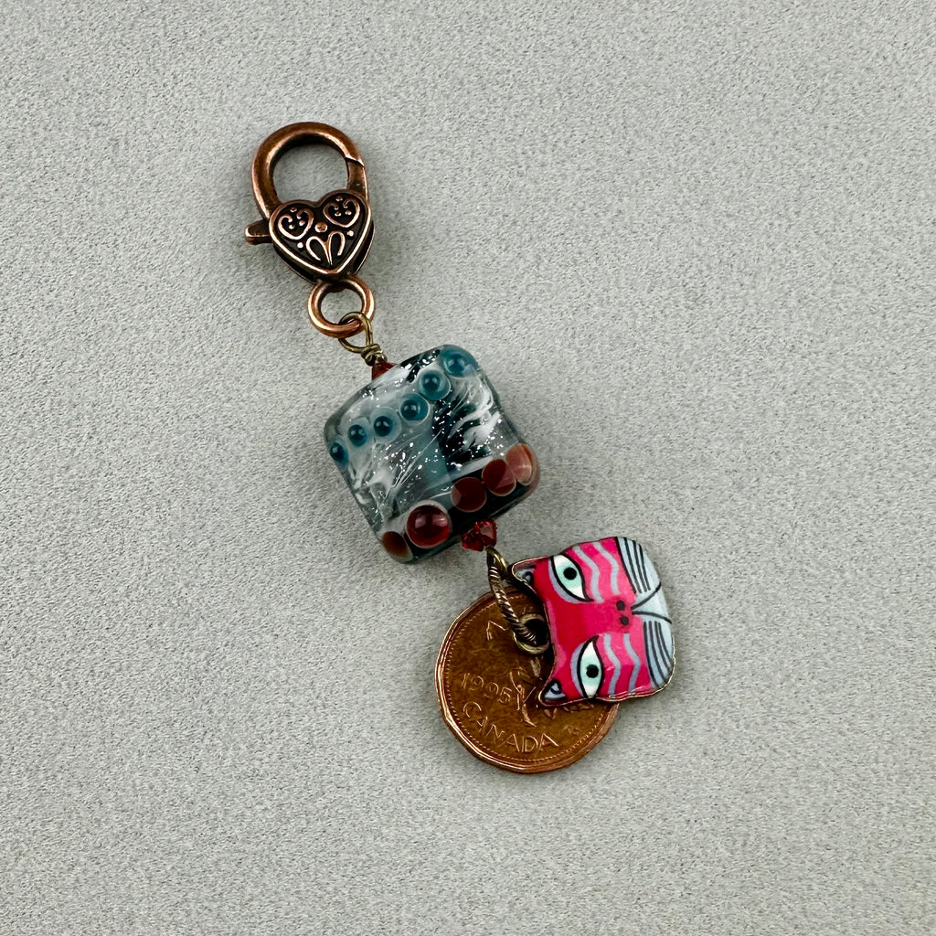 LUCKY PENNY CHARM WITH HANDMADE GLASS BEAD AND CAT CHARM XIV