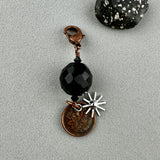 LUCKY PENNY CHARM WITH FACETED BLACK BALL AND SILVER SUN CHARM