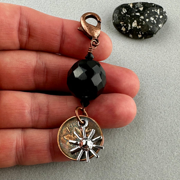 LUCKY PENNY CHARM WITH FACETED BLACK BALL AND SILVER SUN CHARM