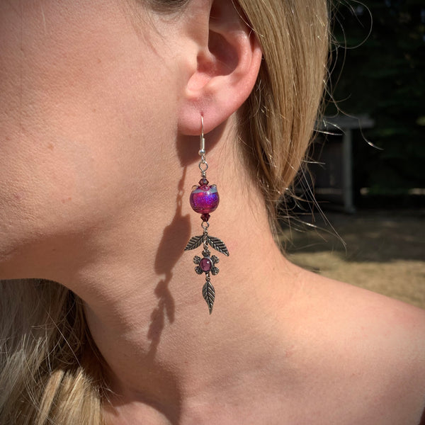 TWILIGHT GARDEN ~ HANDMADE GLASS BEAD EARRINGS WITH GEMSTONES
