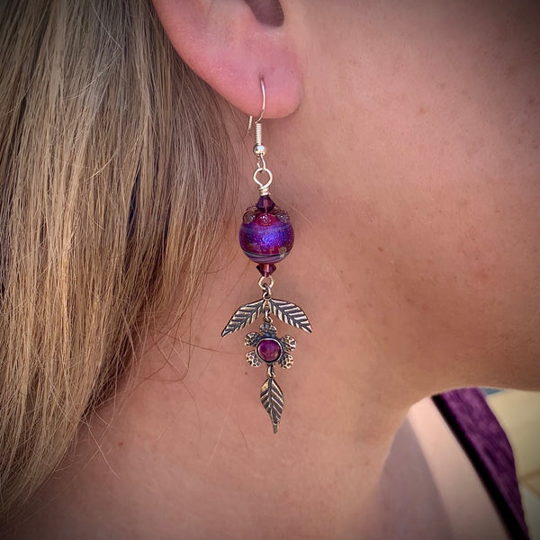 TWILIGHT GARDEN ~ HANDMADE GLASS BEAD EARRINGS WITH GEMSTONES