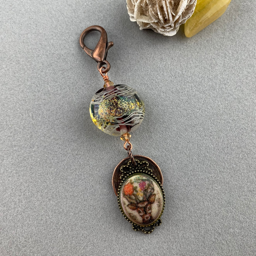 LUCKY PENNY CHARM WITH HANDMADE GLASS BEAD AND FRAMED DEER