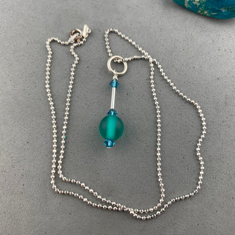 DEW DROP TEAL ~ HANDMADE GLASS BEAD ON 18" STERLING SILVER BALL CHAIN