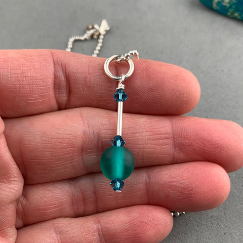 DEW DROP TEAL ~ HANDMADE GLASS BEAD ON 18" STERLING SILVER BALL CHAIN