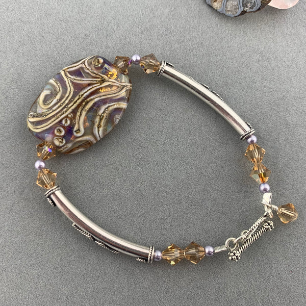 FLAT SWIRL WRAP ~ STERLING SILVER BRACELET WITH HANDMADE GLASS BEAD