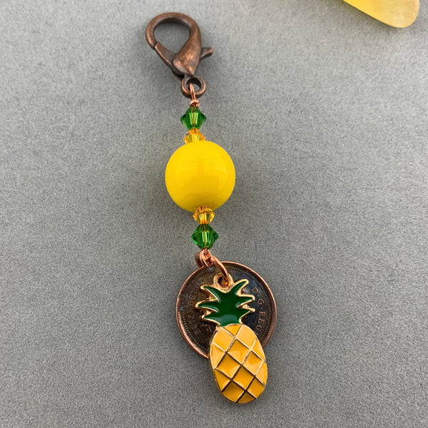 LUCKY PENNY CHARM WITH HANDMADE GLASS BEAD AND PINEAPPLE CHARM
